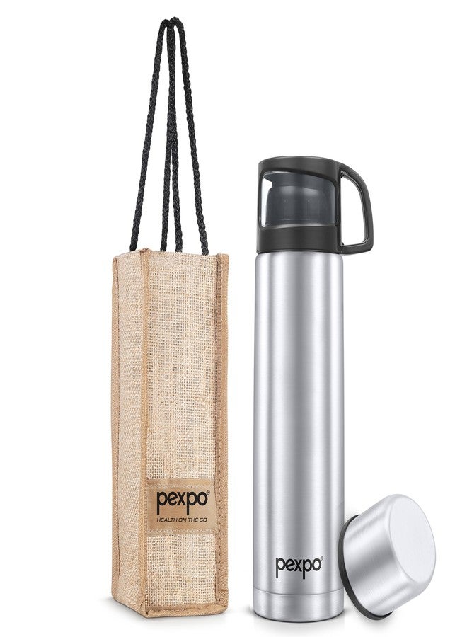 Pexpo Stainless Steel Water Bottle 1 LTR, ISI Certified, Hot & Cold Flask with Jute Bag | 3 Layer Insulation | 2 Year Warranty | for School, Office, Travel & Picnic | Fererro | Silver (Dual Cap) - Image 1